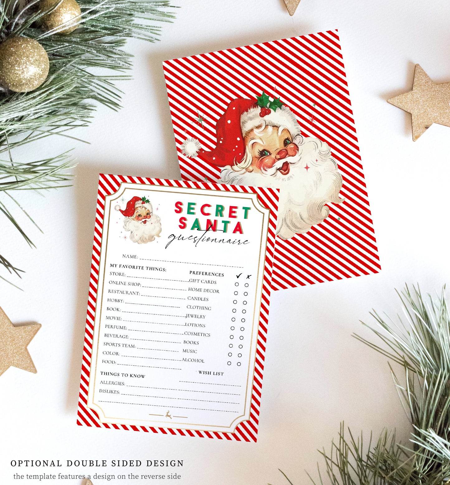 Printable Secret Santa Questionnaire Template, Secret Santa Gift Idea List, Christmas Gift Exchange Form, Office Coworker Gift List, Stripe