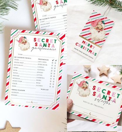 Stripe Pink Multi | Printable Secret Santa Questionnaire Bundle Template