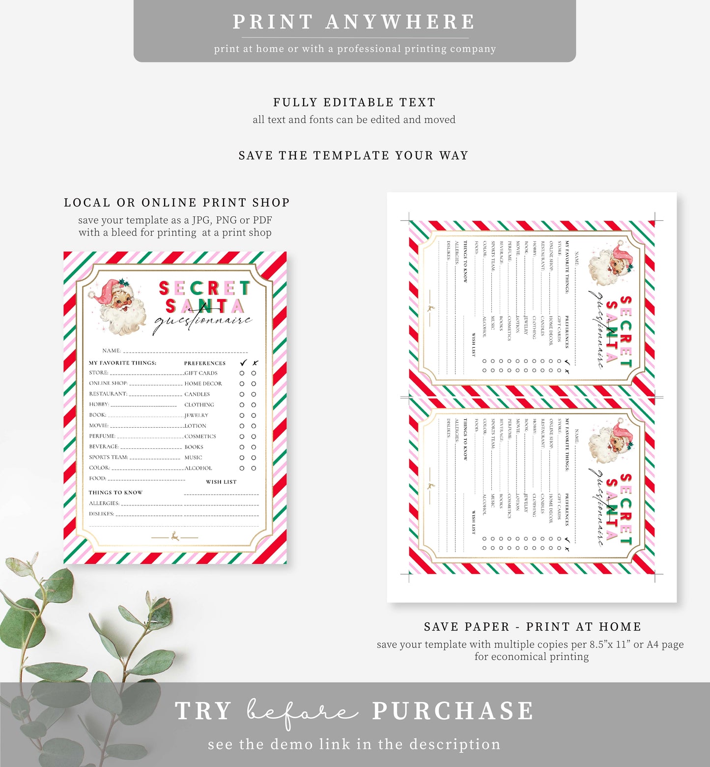 Stripe Pink Multi | Printable Secret Santa Questionnaire Bundle Template