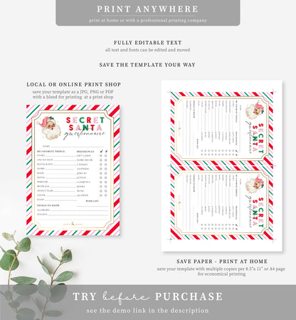 Stripe Pink Multi | Printable Secret Santa Questionnaire Bundle Template