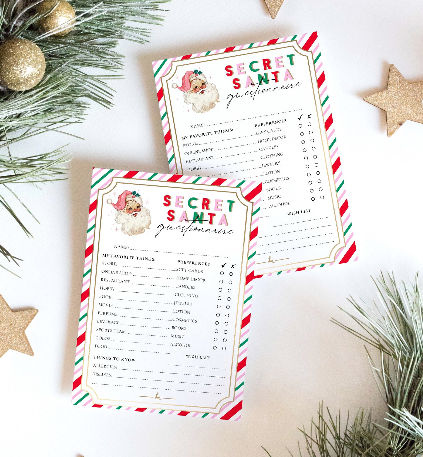 Stripe Pink Multi | Printable Secret Santa Questionnaire Bundle Template