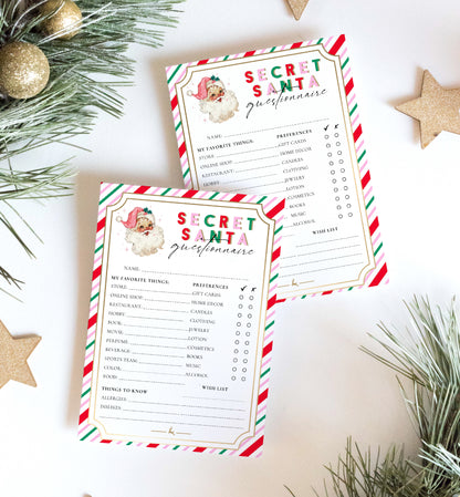 Stripe Pink Multi | Printable Secret Santa Questionnaire Bundle Template