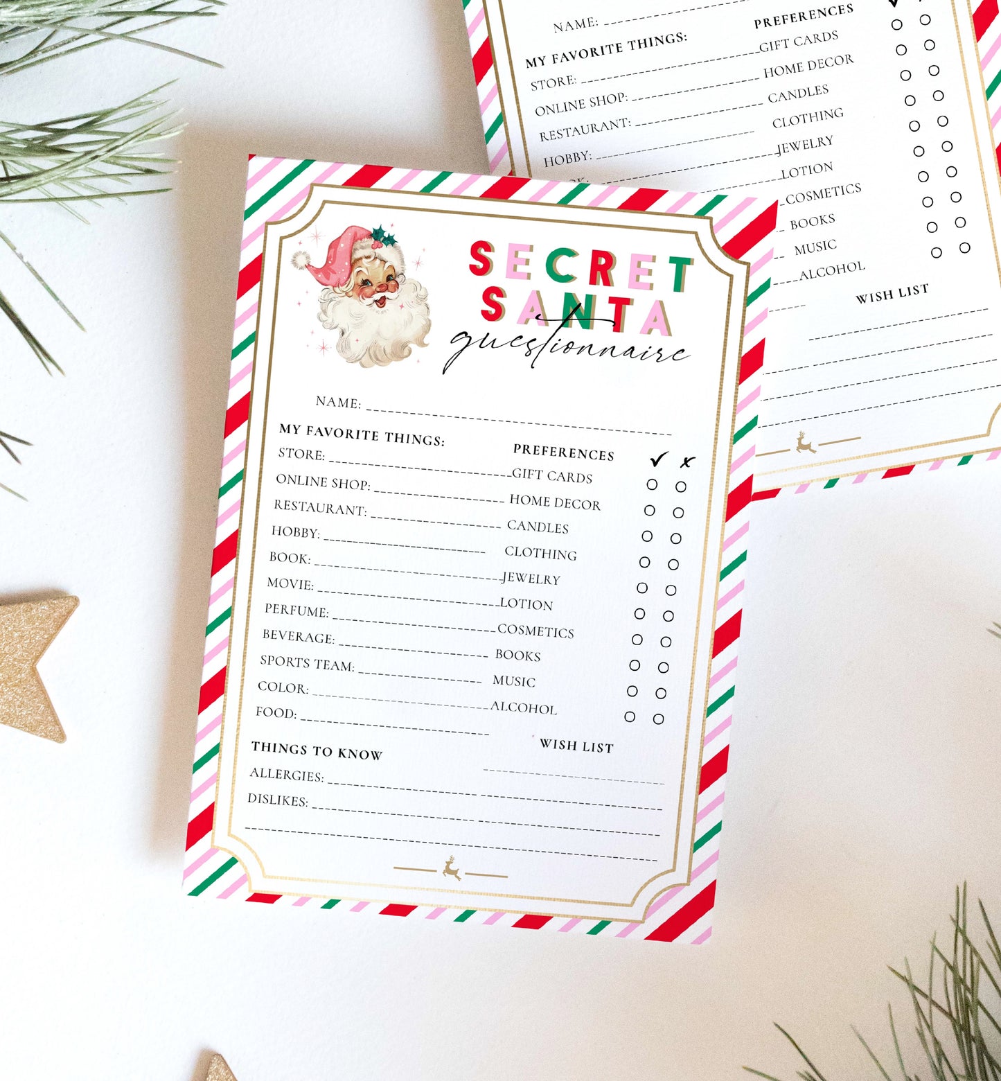 Stripe Pink Multi | Printable Secret Santa Questionnaire Bundle Template