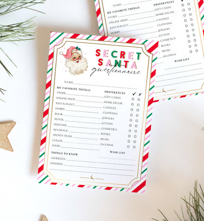 Stripe Pink Multi | Printable Secret Santa Questionnaire Bundle Template