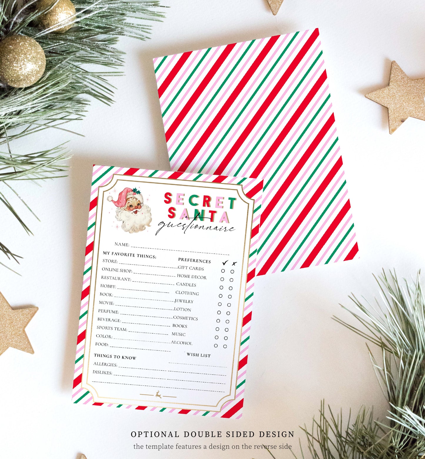 Stripe Pink Multi | Printable Secret Santa Questionnaire Bundle Template