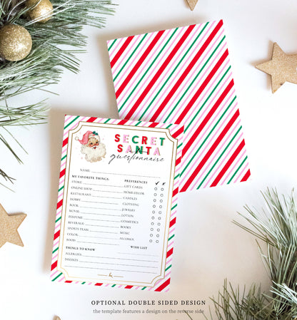 Stripe Pink Multi | Printable Secret Santa Questionnaire Bundle Template