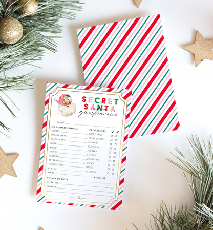 Stripe Pink Multi | Printable Secret Santa Questionnaire Bundle Template