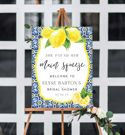 She Found Her Main Squeeze Welcome Sign, Lemons Bridal Shower Printable Welcome Sign, Positano Blue Majolica Tile,  Hens Party Welcome Sign