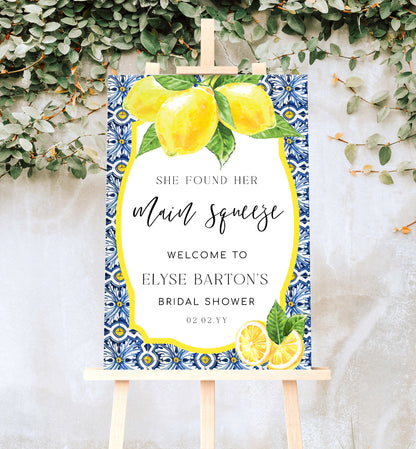 She Found Her Main Squeeze Welcome Sign, Lemons Bridal Shower Printable Welcome Sign, Positano Blue Majolica Tile,  Hens Party Welcome Sign