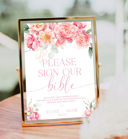 Printable Sign Our Bible Sign, Wedding Bible Guest Book Sign, Blush Pink Peony Please Sign Our Guest Book Sign, Wedding Signage, Piper