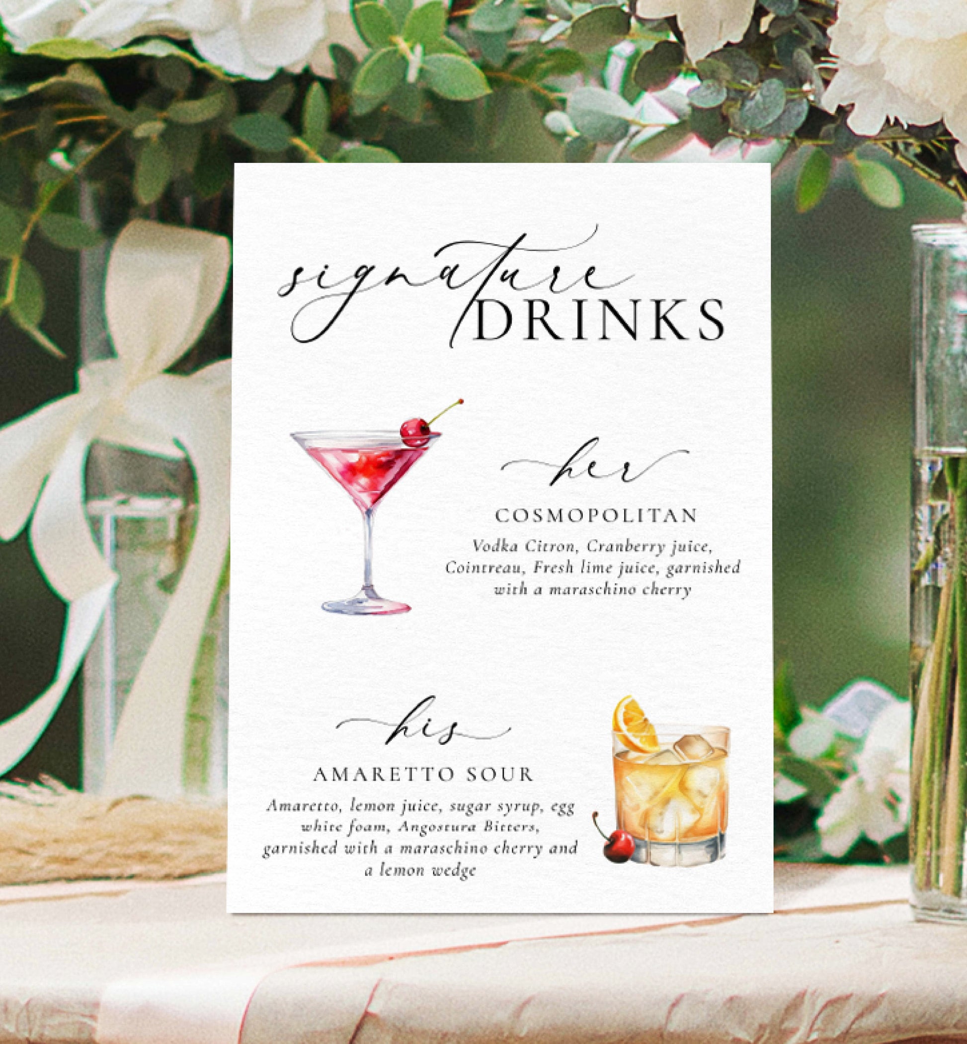 Signature His and Her Drinks Menu Sign, Printable Wedding Signature Cocktail Sign, Minimalist Wedding, Cocktail Bar Cart Sign, Ellesmere