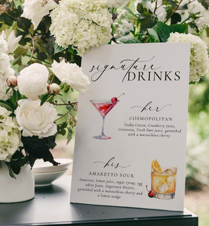 Signature His and Her Drinks Menu Sign, Printable Wedding Signature Cocktail Sign, Minimalist Wedding, Cocktail Bar Cart Sign, Ellesmere