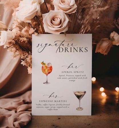 Signature His and Her Drinks Menu Sign, Printable Wedding Signature Cocktail Sign, Minimalist Wedding, Cocktail Bar Cart Sign, Ellesmere