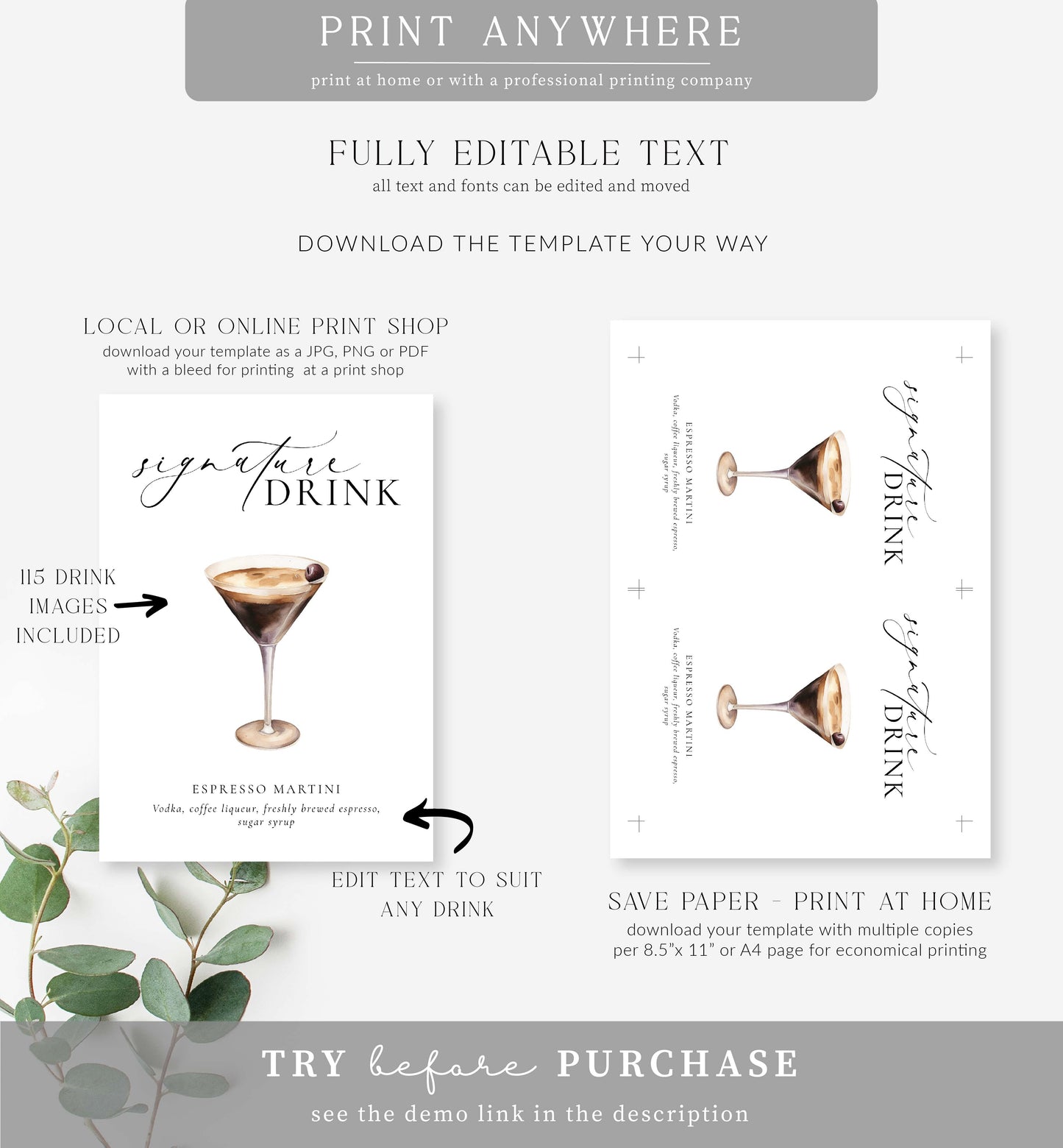 Ellesmere White | Printable Signature Drink Menu Sign Template