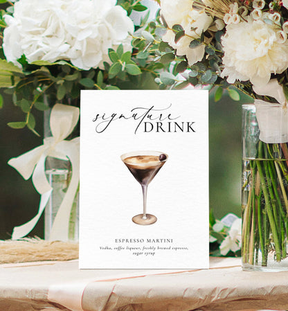 Signature Drink Menu Sign, Printable Wedding Signature Cocktail Sign, Minimalist Wedding, Cocktail Bar Cart Sign, Ellesmere