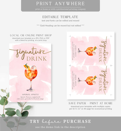 Watercolour Pink | Printable Signature Drink Menu Sign Template