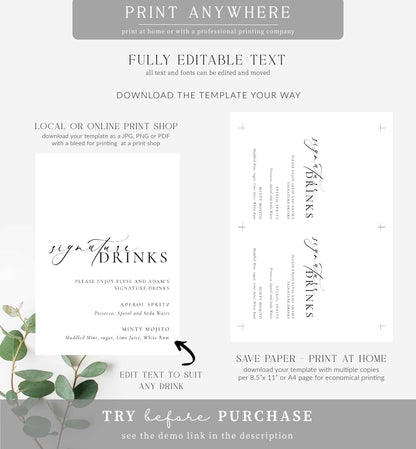 Ellesmere White | Printable Signature Drinks Menu Sign Template