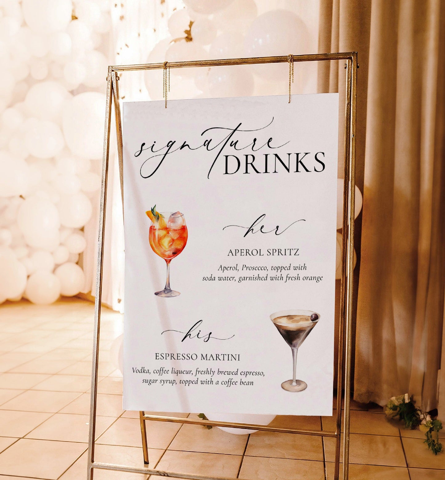 Signature His and Her Drinks Menu Sign, Printable Wedding Signature Cocktail Sign, Minimalist Wedding, Cocktail Bar Cart Sign, Ellesmere