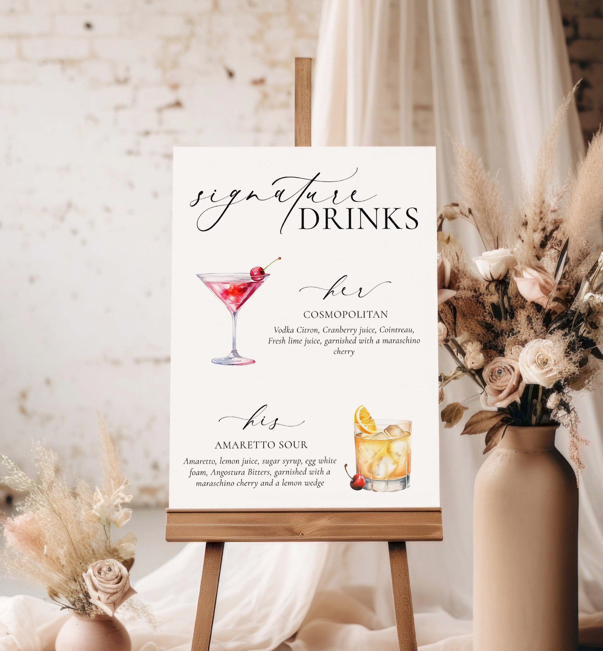 Signature His and Her Drinks Menu Sign, Printable Wedding Signature Cocktail Sign, Minimalist Wedding, Cocktail Bar Cart Sign, Ellesmere