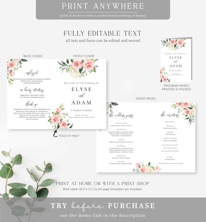 Printable Wedding Ceremony Program Template, Blush Pink Floral, Wedding Order of Ceremony Booklet Program, Single Fold Program, Darcy