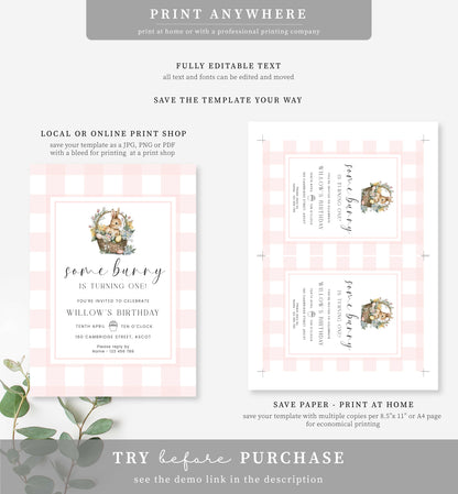 Gingham Pink | Printable Some Bunny First Birthday Invitation Template