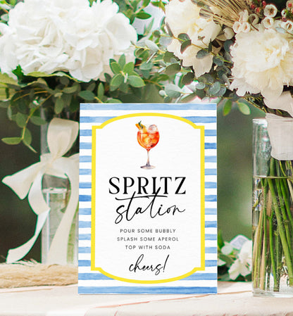 Spritz Station Sign Template, Blue White Stripe Aperol Spritz Cocktail Sign, Printable Wedding Cocktail Bar Sign, Signature Drinks Sign