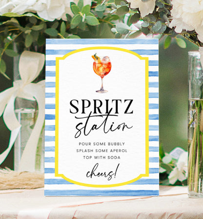 Spritz Station Sign Template, Blue White Stripe Aperol Spritz Cocktail Sign, Printable Wedding Cocktail Bar Sign, Signature Drinks Sign