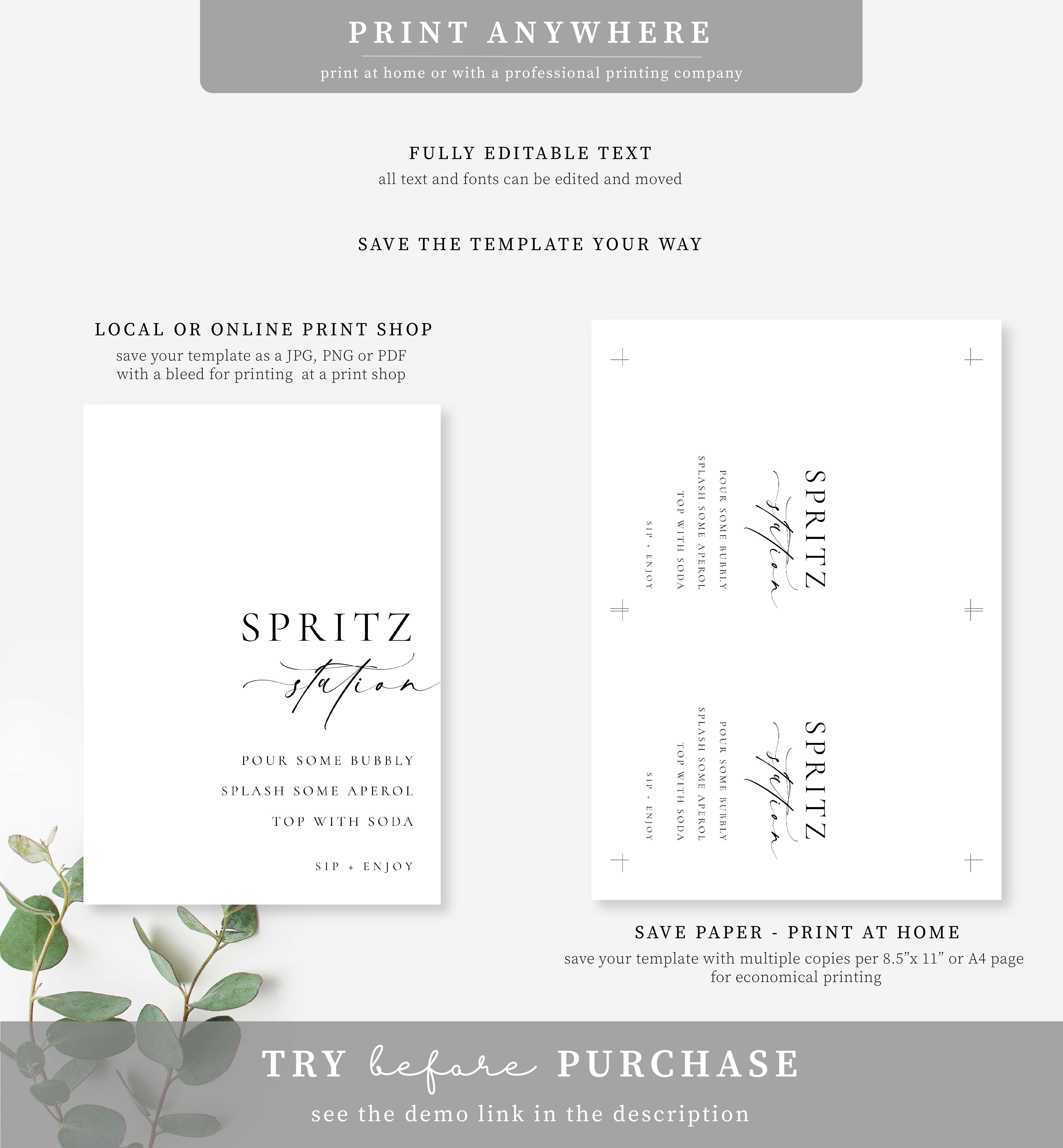 Ellesmere White | Printable Spritz Station Sign Template – Black Bow Studio