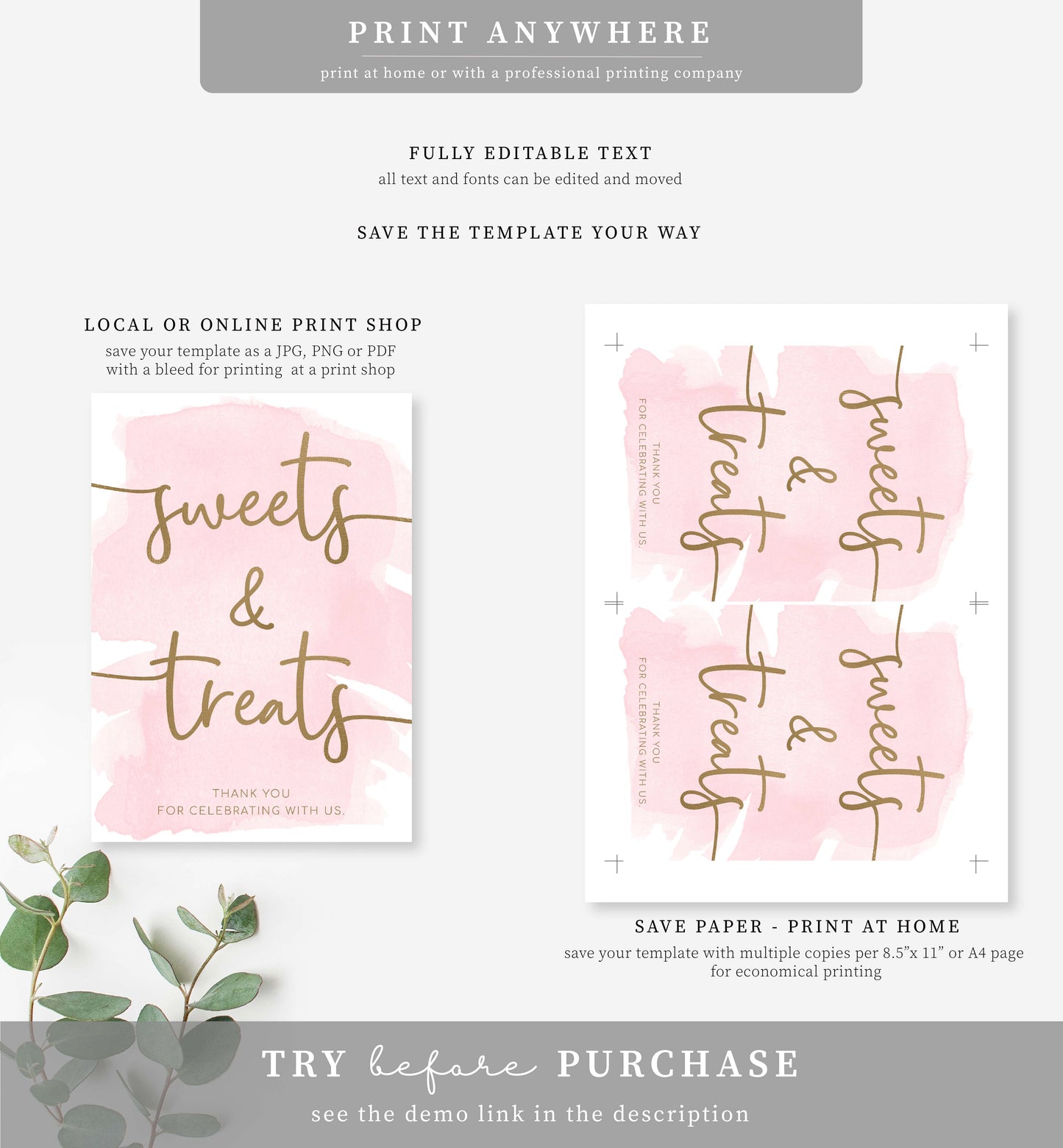 Watercolour Pink Gold | Printable Sweets and Treats Favour Sign Template