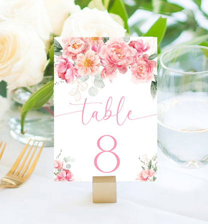 Printable Table Numbers With Guest Names, Blush Peony Floral Wedding Editable Table Number Template, Seating Chart Cards, Piper