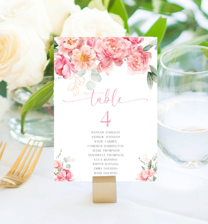 Printable Table Numbers With Guest Names, Blush Peony Floral Wedding Editable Table Number Template, Seating Chart Cards, Piper