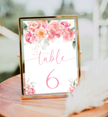 Printable Table Numbers With Guest Names, Blush Peony Floral Wedding Editable Table Number Template, Seating Chart Cards, Piper