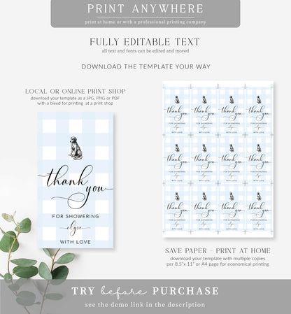 Gingham Blue Dog | Printable Thank You Favour Tag Template