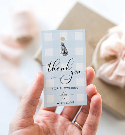 Thank You Favour Tag Template, Blue Gingham Puppy Dog Baby Shower Printable Favor Tag, Baby Boy Blue Check Favor Tag, Blue Plaid