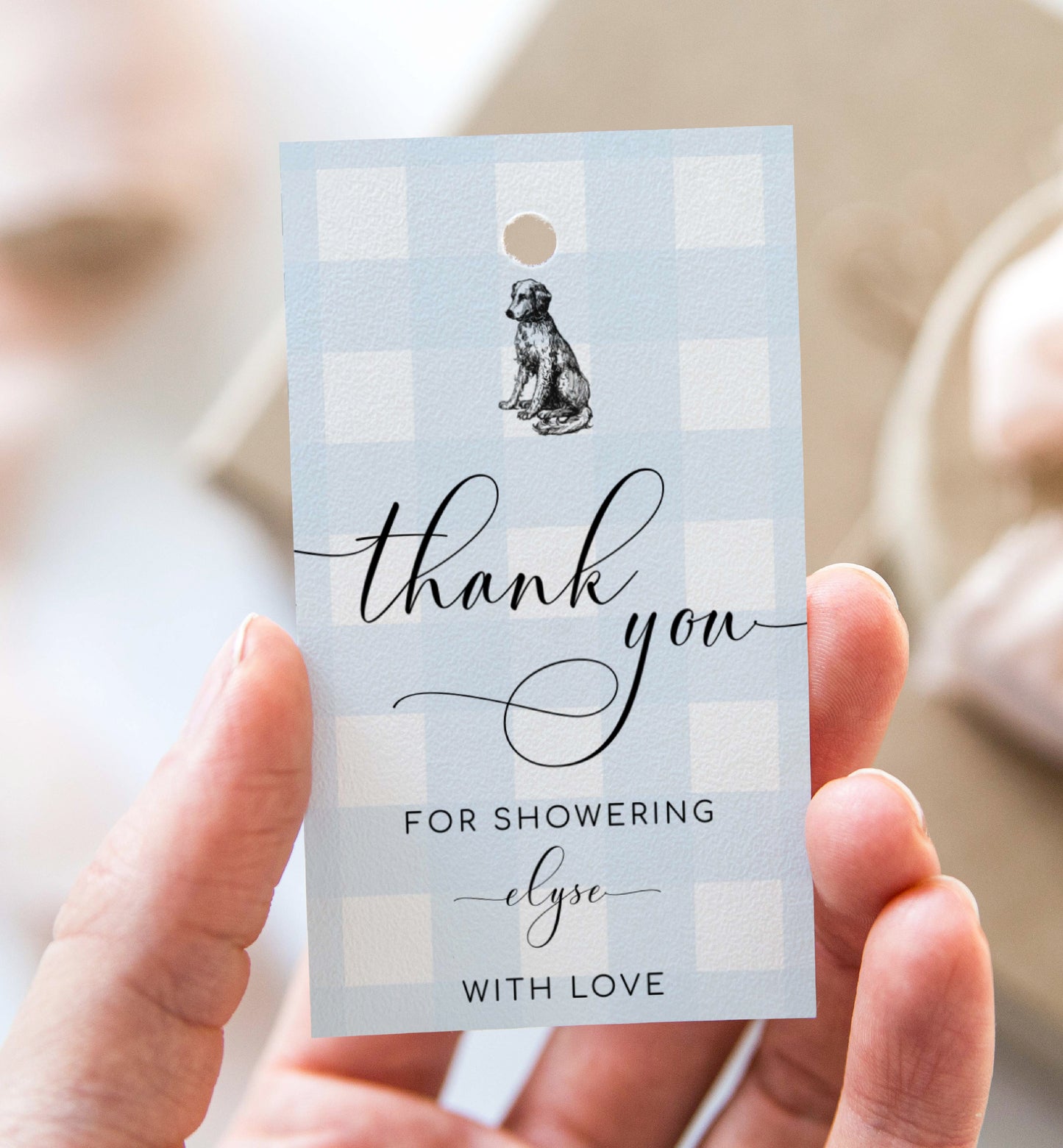 Thank You Favour Tag Template, Blue Gingham Puppy Dog Baby Shower Printable Favor Tag, Baby Boy Blue Check Favor Tag, Blue Plaid