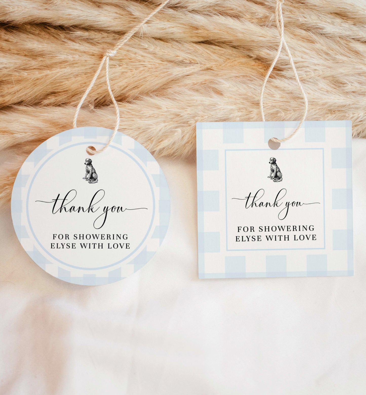 Thank You Favour Tag Template, Blue Gingham Puppy Dog Baby Shower Printable Favor Tag, Baby Boy Blue Check Favor Tag, Blue Plaid