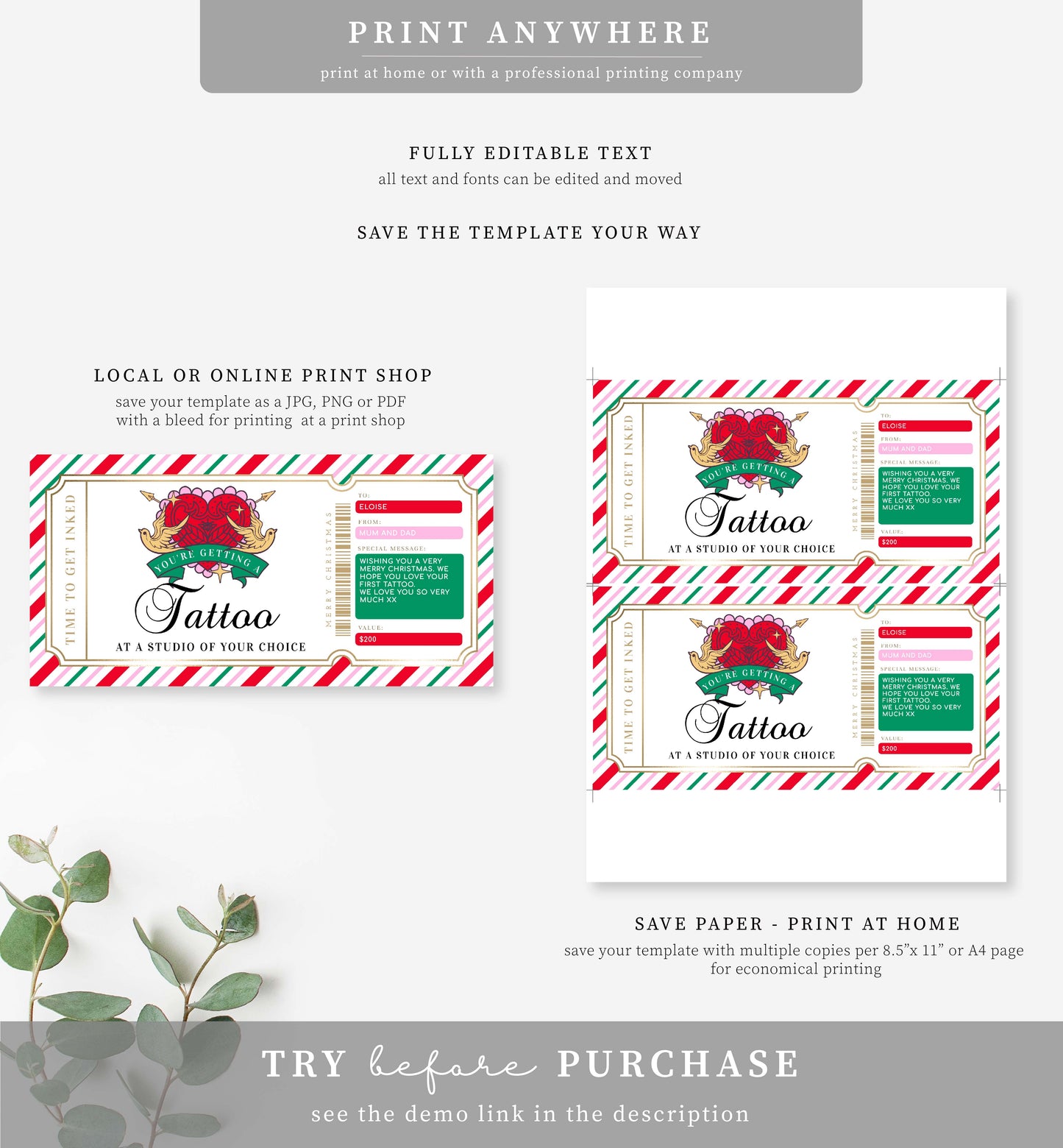 Stripe Multi Gold | Printable Christmas Tattoo Custom Gift Voucher Template