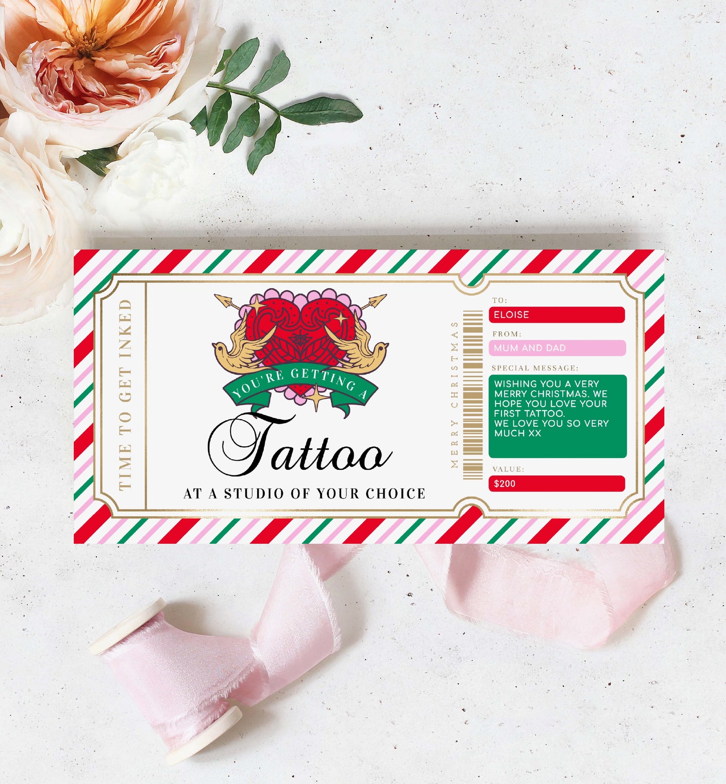 Christmas Tattoo Gift Voucher Template, Fully Custom Printable Tattoo Gift Certificate, Editable Tattoo Christmas Present, Stripe