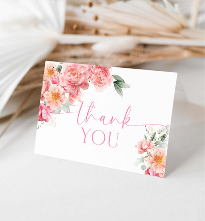 Printable Folded Thank You Card Template, Blush Peony Floral Baby Shower Favors, Bridal Shower Thank You Card, Wedding Thank You Card, Piper