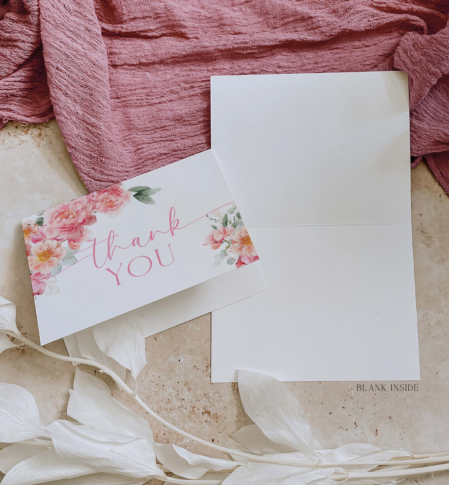 Printable Folded Thank You Card Template, Blush Peony Floral Baby Shower Favors, Bridal Shower Thank You Card, Wedding Thank You Card, Piper