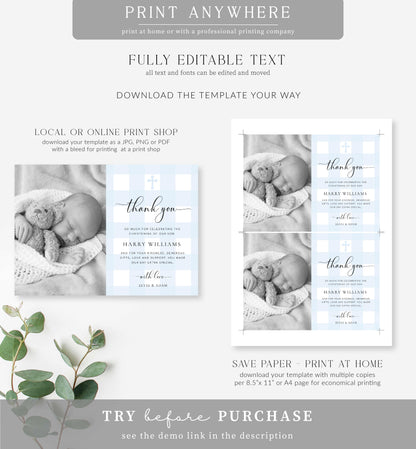 Gingham Blue | Printable Baptism Thank You Card Template