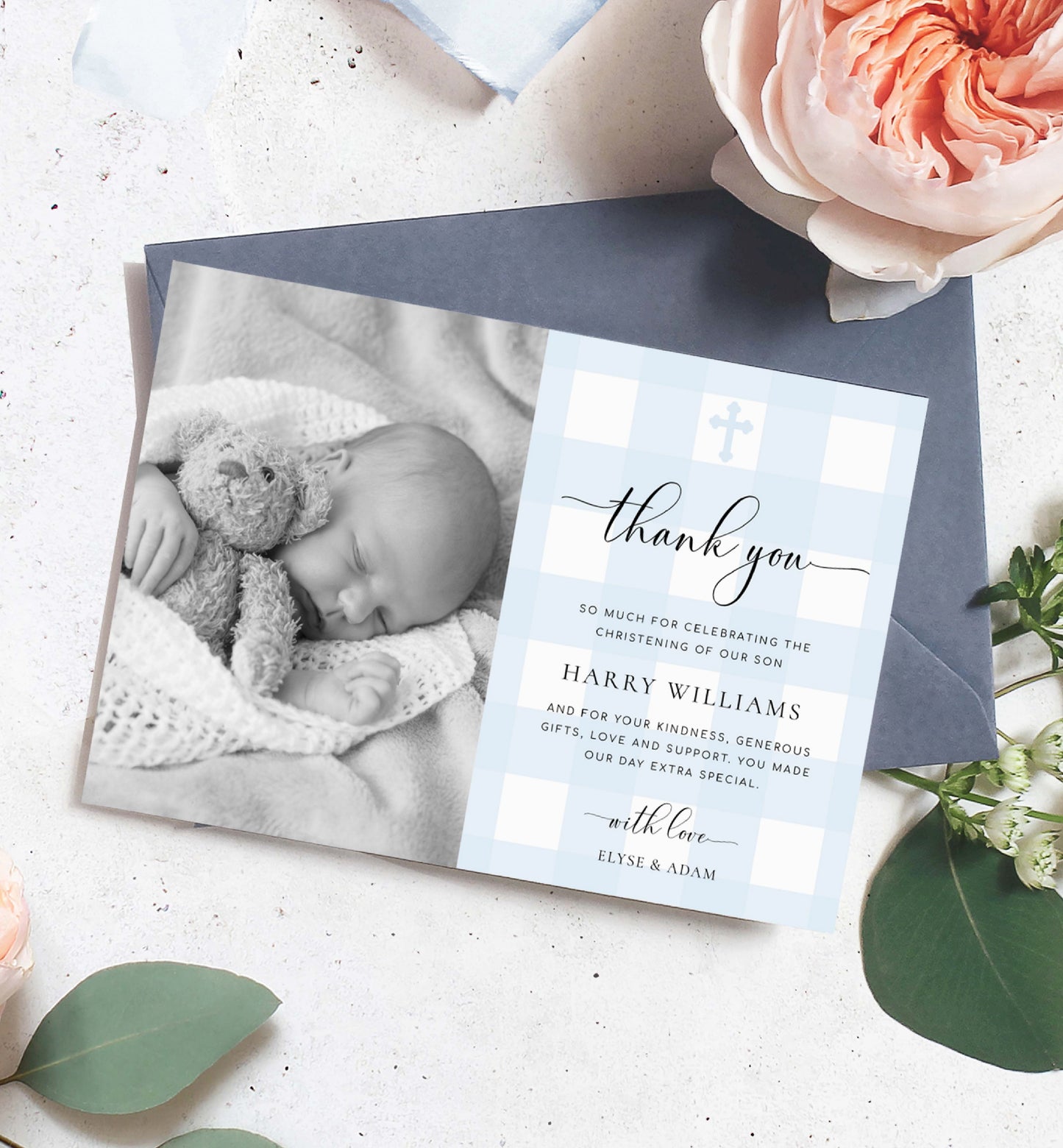 Photo Baptism Thank You Card Template, Blue Gingham Check, Printable Christening Thank You Card, Printable Boy Baptism Photo Thank You Card