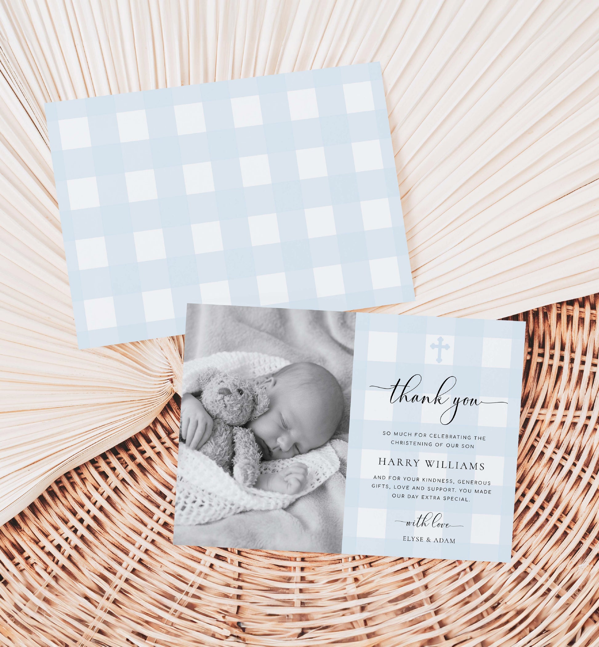 Photo Baptism Thank You Card Template, Blue Gingham Check, Printable Christening Thank You Card, Printable Boy Baptism Photo Thank You Card