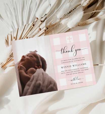 Photo Baptism Thank You Card Template, Pink Gingham Check, Printable Christening Thank You Card, Printable Girl Baptism Photo Thank You Card