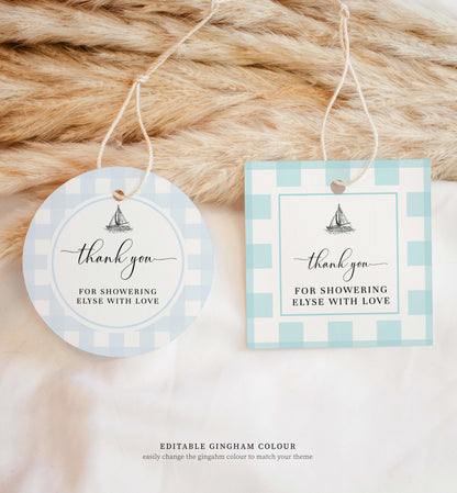 Gingham Blue Sailing Boat | Printable Thank You Favour Tag Template