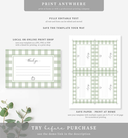 Gingham Sage Green Pumpkin | Printable Thank You Card Template