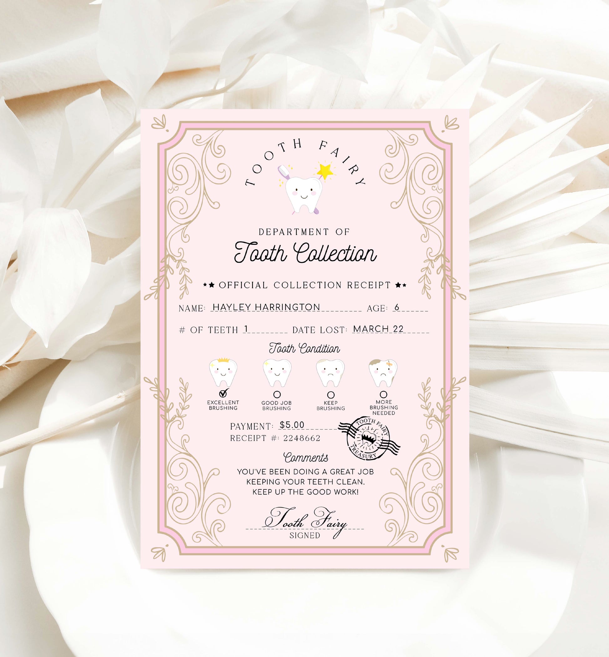 Printable Tooth Fairy Letter and Receipt, Tooth Fairy Collection Receipt, Tooth Fairy Payment Recipe And Visit Certificate, Lost Tooth Note