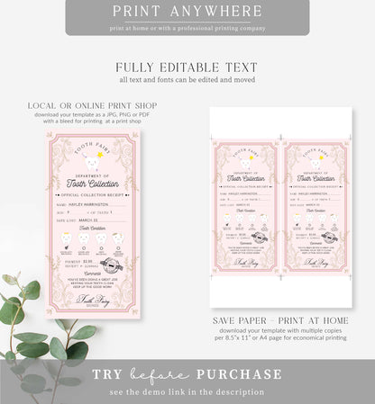 Tooth Fairy Pink | Printable Tooth Collection Receipt Template