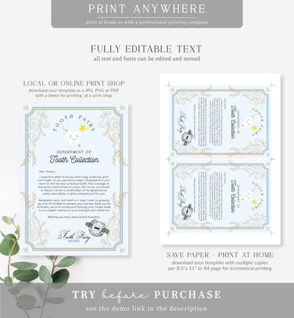 Tooth Fairy Blue | Printable Tooth Collection Letter Template