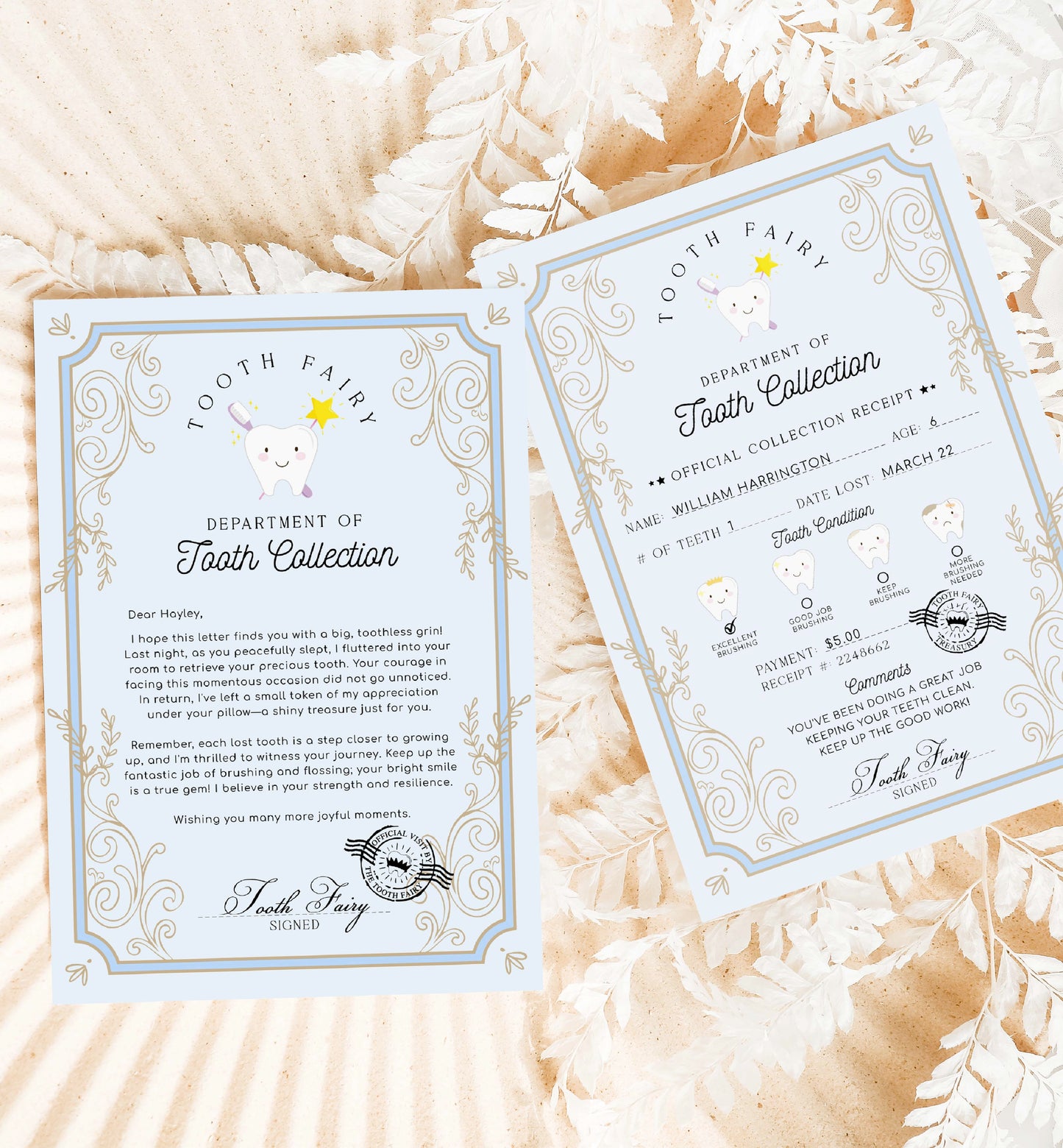 Printable Tooth Fairy Letter and Receipt, Tooth Fairy Collection Receipt, Tooth Fairy Payment Recipe And Visit Certificate, Lost Tooth Note